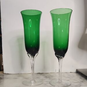Muranon Art Green Handblown Glass Flutes